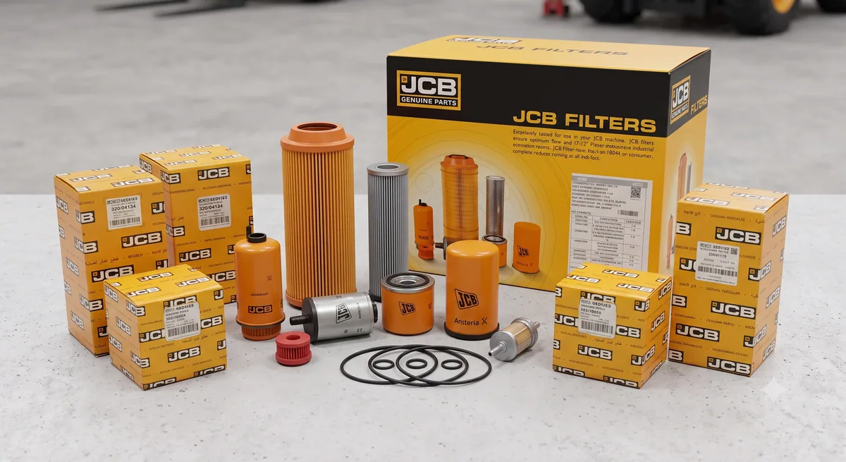 JCB BS3 service filter kit arranged on a workshop counter