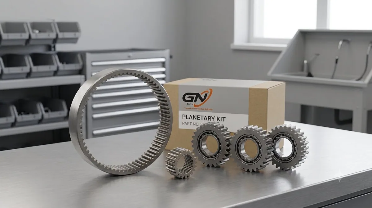 Published planetary axle kit arranged on a workshop bench